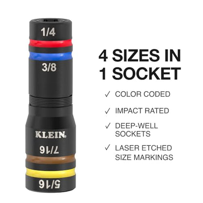 Klein Tools 652QS Quad Socket, 8 Sizes in 2 Sockets, 4-in-1 Color Coded SAE Impact Rated, Deep-Well Heavy-Duty, 1/4-Inch Drive, 6-1/2-Inch Shaft - size: 8 Sizes, SAE