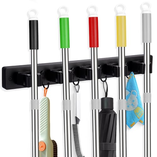 FunCee Broom Holder Wall Mount With 5 Slots & 4 Hooks，Rustic Wood Broom & Mop Hanger，Wall Mounted Garden & Garage Tool Storage Organizer Rack for Closet Laundry Room or Kitchen Wall Decor Black - color: Black