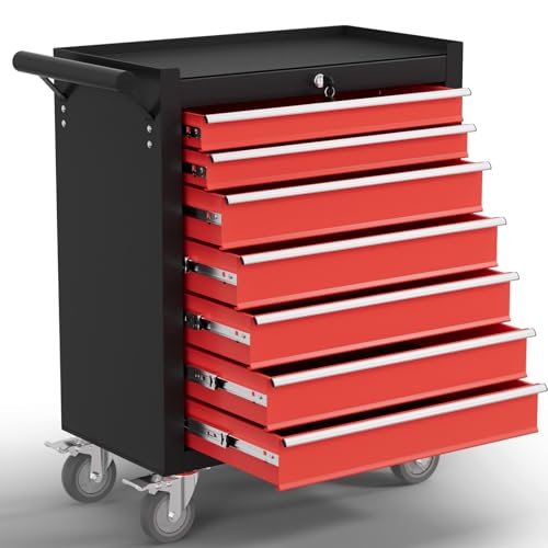 7-Drawer Tool Chest,Rolling Tool Cart with Wheels,High Capacity Tool Cabinet with Locking System for Garage, Warehouse, Workshop-Black&Red - color: Black&red, size: 7 Drawer