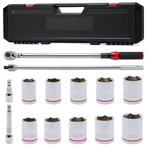 CASOMAN 14 PCS 1/2 Inch Click Torque Wrench Set,22.2-244.2 FT.-LB/30-330 Nm, ±3% Accuracy, 72-Tooth Dual Scale Torque Wrench Kit, with Breaker Bar & Extensions & Sockets, for Automotive Tire Repair