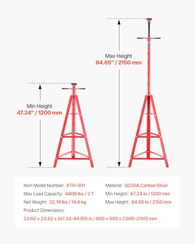 VEVOR Under Hoist Tripod Stand, 2 Ton (4409 lbs) Capacity High Lift Jack Stand Reach Underhoist Support, Lifting from 47.24" to 84.65", 4-Level Adjustable Height, Heavy Duty Carbon Steel for Car Lift