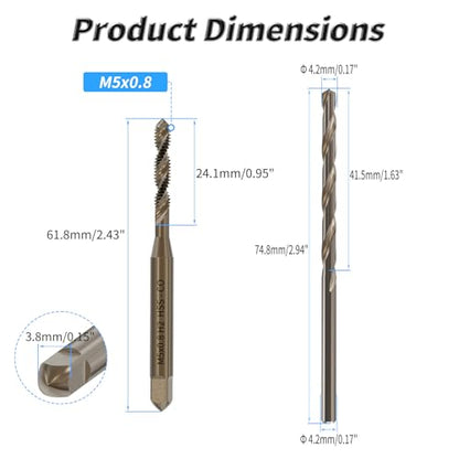 Tap and Drill Bit Set, M5x0.8 Tap and 4.2mm Twist Drill, HSS, Spiral Point | For M5x0.8 Thread Tapping and Drilling, Spiral Point Tap and Twist Drill Combo for Industrial Mechanics Metalworking - size: M5*0.8 + 4.2mm