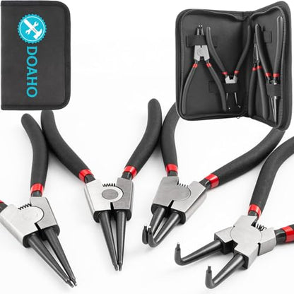 Doaho 4Pcs Snap Ring Pliers Set,Heavy Duty 7 Inch Circlip Plier Cr-V Steel C Clip Pliers Kit with Straight and Bent Jaw for Internal External Rings Automotive Machinery Repair - size: 4 PCS