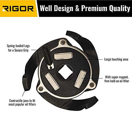 RIGOR 23026 Adjustable Oil Filter Wrench, 3-Jaw Adjustable Magnetic Oil Filter Wrench, 3/8" Drive, 2.4" to 3.6" Range, Include 1/2" F to 3/8" M Drive Adapter