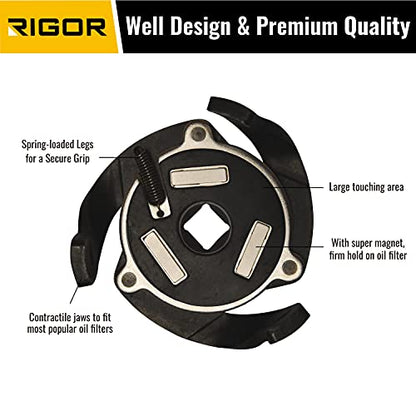 RIGOR 23026 Adjustable Oil Filter Wrench, 3-Jaw Adjustable Magnetic Oil Filter Wrench, 3/8" Drive, 2.4" to 3.6" Range, Include 1/2" F to 3/8" M Drive Adapter