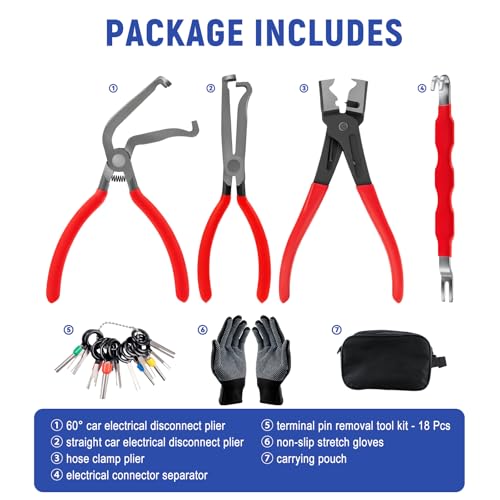 7 Pcs Electrical Disconnect Pliers, Electrical Connector Removal Tool | Connector Separator, Hose Clamp Pliers, Terminal Removal Tools, Work Gloves & Tool Bag - for Automotive Electrical Connector