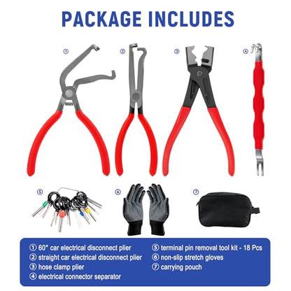 7 Pcs Electrical Disconnect Pliers, Electrical Connector Removal Tool | Connector Separator, Hose Clamp Pliers, Terminal Removal Tools, Work Gloves & Tool Bag - for Automotive Electrical Connector