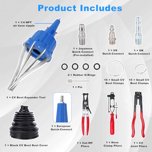 Pneumatic CV Joint Boot Expander Tool Kit,Expander Rod Spreader Installation Removal Tool with 15 Sets Clamps and 4 Air Hose Fittings for Rubber Boots Installation and Removal (Blue) - color: Blue