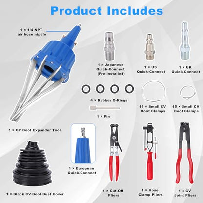 Pneumatic CV Joint Boot Expander Tool Kit,Expander Rod Spreader Installation Removal Tool with 15 Sets Clamps and 4 Air Hose Fittings for Rubber Boots Installation and Removal (Blue) - color: Blue
