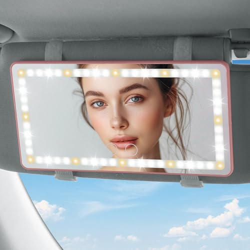 JOYTUTUS Car Sun Visor Vanity Mirror, Car Mirror with 3 Light Modes & 60 LEDs, Rechargeable, Touch Control, Universal Fit - color: Pink