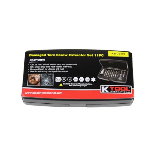 K Tool International 75410 Damaged Torx Screw Extractor Set for Garages, Repair Shops, DIY, Twist End Design, 1/4" shank, High Grade Silicon Alloy Steel, Heat-treated, Chrome-plated, 11 Piece
