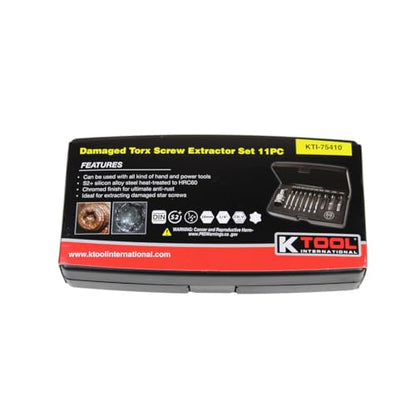 K Tool International 75410 Damaged Torx Screw Extractor Set for Garages, Repair Shops, DIY, Twist End Design, 1/4" shank, High Grade Silicon Alloy Steel, Heat-treated, Chrome-plated, 11 Piece