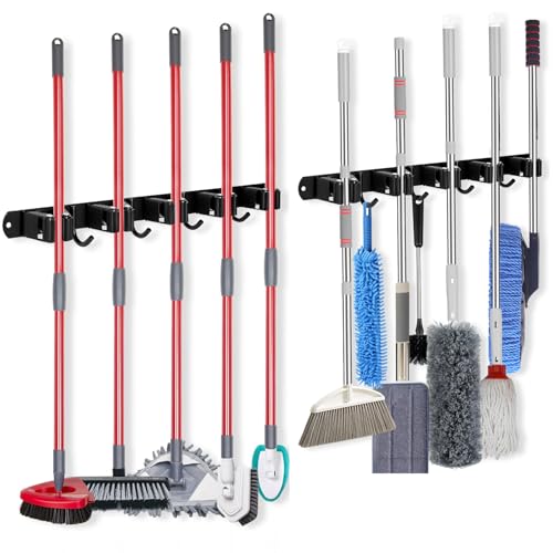 voze [2 Pack] 5 Racks and 4 Hooks Mop and Broom Holder Wall Mount, Self Adhesive Heavy Duty Broom Organizer Storage Tool Racks for Kitchen Garden Laundry Garage Black - color: Black, size: 5 Racks 4 Hooks 2 Packs