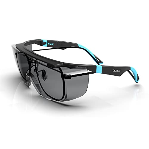 DEX FIT Safety Sunglasses Over Eyeglasses SG210 - Anti-Fog & UV 400 Protection, Z87.1 Certified, Adjustable Temples, Side Shields, Smoke Tinted Lens for Men & Women; Black & Blue, 1 PC - color: Black/Blue - Smoke Tinted, size: 1 PC