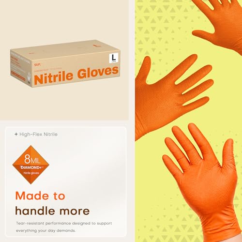 SUPER+ HEAVY DUTY Nitrile Gloves 8 Mil Diamond Texture Disposable Chemical Resistant Powder &Latex Free Food Safe Orange 50Ct - color: Large (Orange)