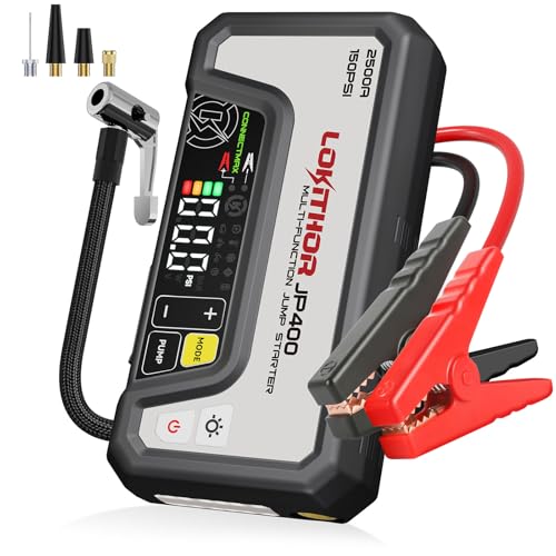 LOKITHOR JP400 Jump Starter with Air Compressor, 2500A 12V Portable Car Battery Booster Pack (8.5L Gas/6.5L Diesel) with ConnectMax Tech, 150PSI Tire Inflator, Auto-Shutoff & Dynamic Dwell (White) - color: White