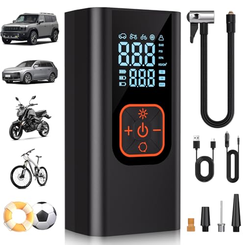180PSI Tire Inflator Portable Air Compressor, 6X Faster Air Pump for Car Tires with Digital Pressure Gauge, 12V DC Adapter, LED Light, Portable Tire Inflator for Car, Motorcycle, Bike, Balls - color: Obsidian Black