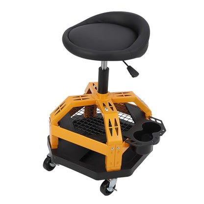 Heavy Duty Rolling Mechanic Stool with Wheels - Adjustable Height 23-30cm - 360° Swivel Padded Seat with Backrest - Double Mesh Frame, Tool Tray, Cup Holder - 330 lbs Capacity - Square Feet - size: with Cup Holder