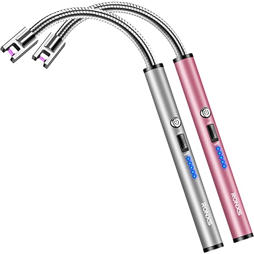 RONXS Electric Candle Lighter, Windproof Rechargeable Long Lighter, 2PCS | Flameless, Safety Lock, LED Battery Display, Flexible Long Neck for Candles Grill BBQ Camping, Type C Cable, Silver&Pink - color: L-silver&pink