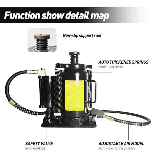 20 Ton Low Profile Air Hydraulic Bottle Jack with Air-Powered or Manual Operation, One-Piece Hydraulic Cylinder Design, Air Bottle Jack with Independent Air Pump Body and Carry Handle - color: Black