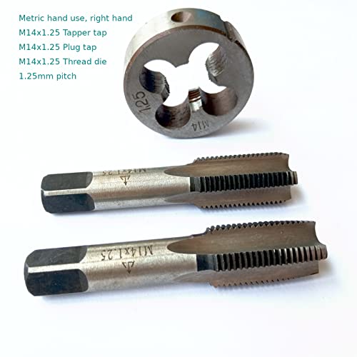 AtticZone M14 x 1.25 Metric Hand Thread Tap and Die Set, Right Hand 14 * 1.25, Alloy Tool Steel, 1 Taper Tap, 1 Plug Tap, 1 Round Die for Metal Working DIY Industrial - size: M14x1.25