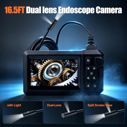 Endoscope Camera with Light,Borescope Camera with 4.3" IPS Screen1080P HD with 8 LED Lights,16.5FT Semi-Rigid Cord Bore Scope,IP67 Waterproof Sewer Borescope (16.5FT Dual Lens Black) - size: 16.5FT Dual lens Black