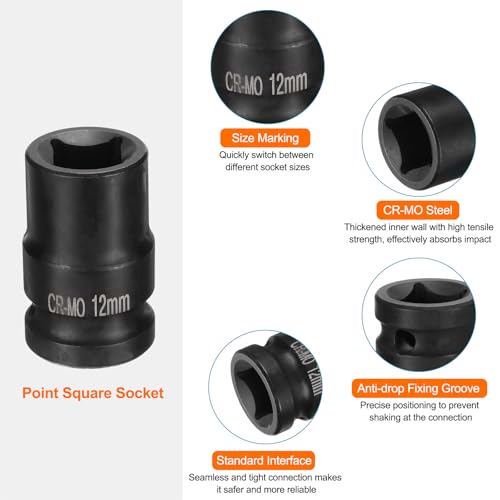 HARFINGTON 4 Point Square Socket 1/2" Drive 12mm Metric Square Impact Socket CR-MO Blackening Standard Wheel Sockets Pneumatic Socket Tool for Auto Repair Mechanical Maintenance Home Use - size: 12mm