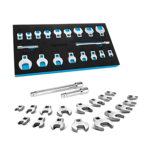 DURATECH 19-Piece 3/8" Drive Crowfoot Wrench Set with 2 Extension Bars | SAE & Metric, 10mm-22mm & 3/8"-7/8", CR-V Steel, for Brake & Fuel Line Fittings in Tight Space, with EVA Foam Tool Organizer - size: Metric and SAE, style: Regular