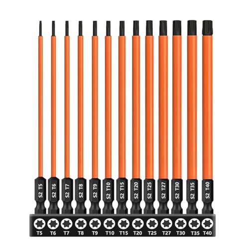 13pcs Torx Screwdriver Bit Set (T5-T40) Magnetic S2 Steel Torx Head Drill Bit Set 1/4'' Hex Shank Impact Bit CNC Machined 6-Point Star Bit Set for Impact Driver (4 Inch/ 100mm Length) - size: 4 inch / 100mm