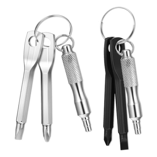 2pcs Valve Stem Remover with 4pcs Keychain Screwdriver, Stainless Steel Valve Core Removal Tool Flat Head and Phillips Key Screwdriver for Automotive Car Bicycle Motorcycle Tire Repair Install