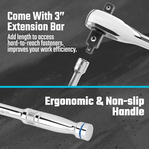 DURATECH 3-IN-1 Ratchet Handle, 1/4", 3/8", 1/2", with 2 Extension Bars | 72-Tooth, Reversible Switch, Full-Polished Chrome Plating, Alloy Steel - style: Ratchet Set