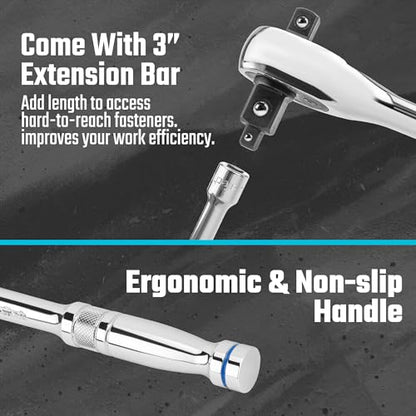 DURATECH 3-IN-1 Ratchet Handle, 1/4", 3/8", 1/2", with 2 Extension Bars | 72-Tooth, Reversible Switch, Full-Polished Chrome Plating, Alloy Steel - style: Ratchet Set