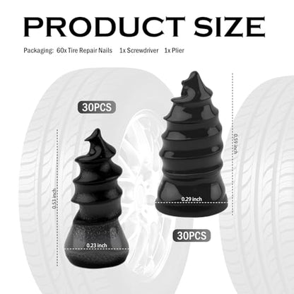 Aokdom 60PCS New Car Tire Repair Rubber Nail Kit,Emergency Screw Tire Plug Kit with 2 Sizes of Tires Repair Screws/Pliers/Screwdrivers,Self-Service Tubeless Vacuum Tires Plugs Screw Type