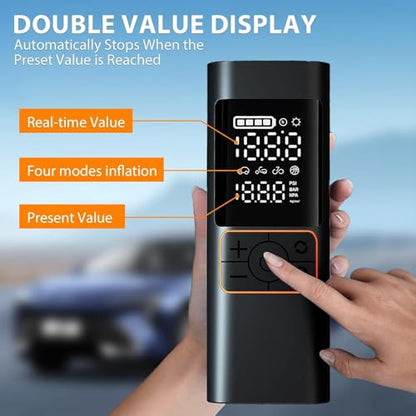 Tire Inflator Portable Air Compressor, 180PSI Air Pump with Dual Digital Pressure Gauge, Fast Inflation 32L/Min, Auto Shut-Off & LED Light, 3*2000mAh Battery Capacity, for Car, Motorcycle, Bike, Ball