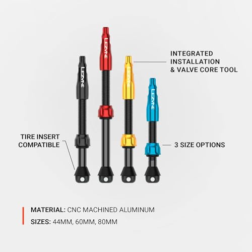 LEZYNE CNC TLR Valve Pro Tubeless Valve Pair for MTB, Gravel & Road Bikes | CNC Aluminum Presta Valve Stems, Bicycle Tire Insert Compatible, Sealant Friendly - 80mm, Red (1-PK-TLRVL80-V211) | tire-valve-tools - color: Red, size: 80 mm