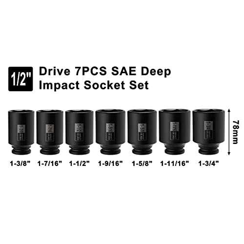 Mayouko 7PCS 1/2 Inch Drive Deep Impact Socket Set, 1-3/8" - 1-3/4", Spindle Axle Nut Sockets, SAE, Deep, 6-Point, CR-MO - size: 1.375" - 1.75" (7 Pieces)