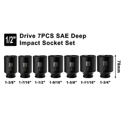 Mayouko 7PCS 1/2 Inch Drive Deep Impact Socket Set, 1-3/8" - 1-3/4", Spindle Axle Nut Sockets, SAE, Deep, 6-Point, CR-MO - size: 1.375" - 1.75" (7 Pieces)