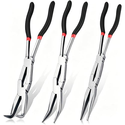 13 Inch 3-PC Needle Nose Pliers Set: Multi-Angle Access with Straight, 45°, and 90° Tips for Precision Work in Confined Areas