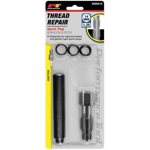 Performance Tool W86910 Spark Plug Thread Repair Kit M14-1.25 | Automotive spark plug retread kit. M14-1.25 thread size. Includes HSS tapered reamer and stainless steel inserts - style: Spark Plug Repair Kit