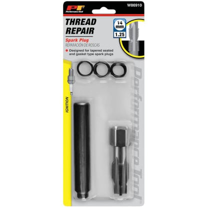 Performance Tool W86910 Spark Plug Thread Repair Kit M14-1.25 | Automotive spark plug retread kit. M14-1.25 thread size. Includes HSS tapered reamer and stainless steel inserts - style: Spark Plug Repair Kit