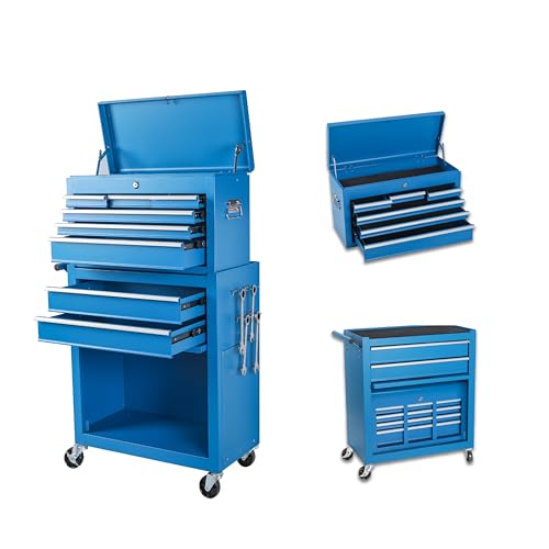 8-Drawer Rolling Tool Chest with Detachable Top Toolbox | Lockable Steel Tool Chest with Wheels,Drawer Liners,Enhanced Packaging for Garage,Workshop,Mechanic, Blue - color: Blue, style: 8 drawer-detachable