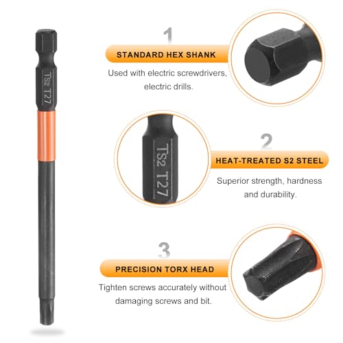 HARFINGTON 3pcs T27 Torx Head Screwdriver Bit 4" (100mm) Long 1/4" Hex Shank Magnetic No Hole Tamper Proof 6 Point Star Screw Driver Drill Bits Phosphate S2 Steel Industrial Power Tools - size: T27 x 100mm