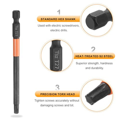 HARFINGTON 3pcs T27 Torx Head Screwdriver Bit 4" (100mm) Long 1/4" Hex Shank Magnetic No Hole Tamper Proof 6 Point Star Screw Driver Drill Bits Phosphate S2 Steel Industrial Power Tools - size: T27 x 100mm
