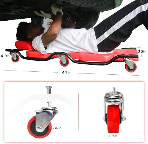 BESTOOL Mechanic's Creeper, 44inch Garage Creeper, 6 Sturdy Casters, Metal Frame Floor Creeper, 450LBS Capacity, Low Profile Design, Headrest,Red - color: Red-Metal frame, size: 44in