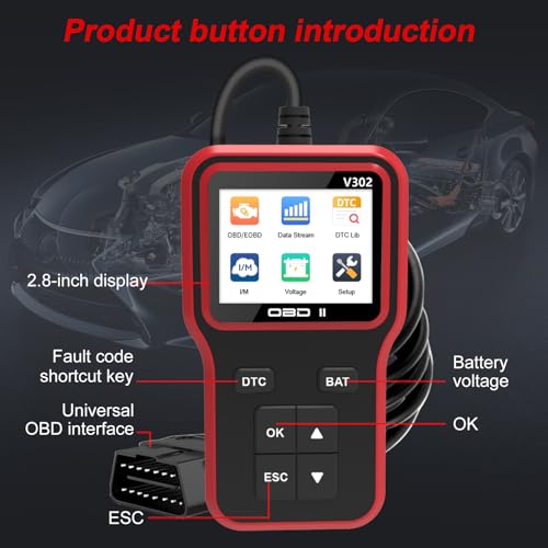 OBD2 Scanner Diagnostic Tool - Code Reader for Cars, Check Engine Light, Read/Clear Error Codes, Emissions Readiness, Battery Tester, All OBD II Vehicles Since 1996 - color: Red