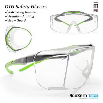 MAGID AcuSpex Semi-Frameless Clear Safety Glasses with PurVue Premium Anti-Forg Coating, 1 Pair, Black/Green, PCX4080