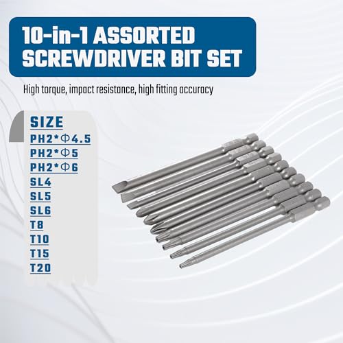 VESTTIO Phillips Slotted Torx Bit Set, 10-Piece, 4-Inch, Magnetic S2 | Assorted screwdriver bits, S2 alloy steel, 1/4 inch hex shank, magnetic tips, fit power screwdriver drill impact driver - size: 3SL4TX3PH / 4 inch
