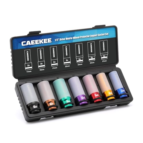 7PCS 1/2" Drive Deep Lug Nut Impact Socket Set, Non-Marring Thin Wall Wheel Protector Socket，CR-MO, 6 Point, Metric 17, 19, 21, 22, 23, 24, 27, Color Coded