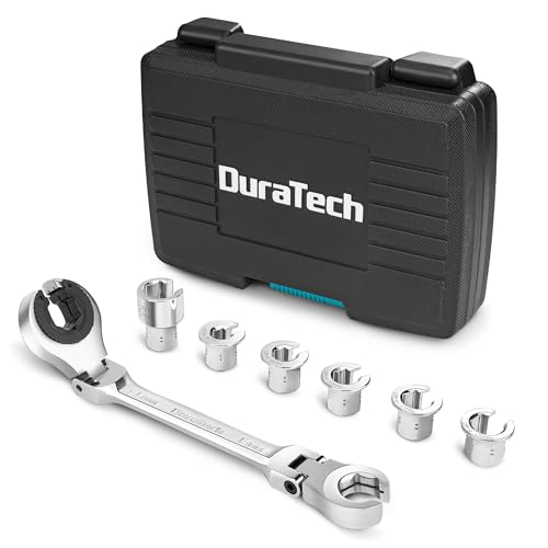 DURATECH 7-In-1 Ratcheting Wrench Set with Open Flex-head | Metric Ratcheting Tubing Wrench Set, 8-14mm, 72-Tooth Gear, CR-V Steel, with Tool Box, Gifts for Men