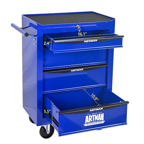 RYH 4 Drawers Rolling Tool Chest - 13" D x 20.9" W x 30.5" H Heavy Duty Mobile Tool Cart with Locking Wheels & Ball Bearing Drawers, Garage Tool Storage Cabinet (Blue, 4 Drawers) - color: Blue-black, size: 4 Drawers（30"H × 20"W × 13"D)